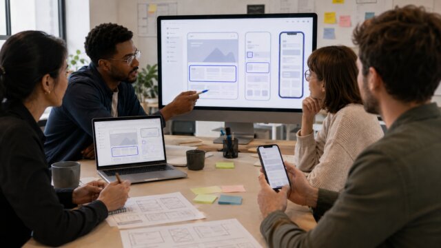 Equipe analisando interfaces em diferentes telas durante uma reunião de projeto