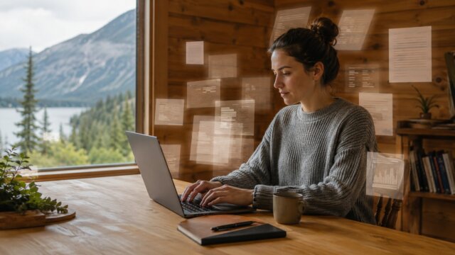 Desenvolvedora trabalhando em um notebook em uma cabana, com documentos digitais ao redor