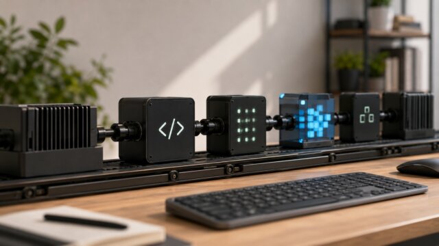 Módulos de uma ferramenta de build conectados sobre uma esteira ao lado de um teclado