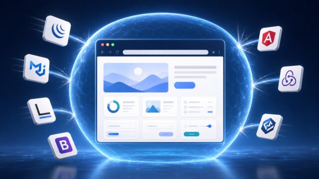 Janela de navegador cercada por ícones de bibliotecas e frameworks JavaScript