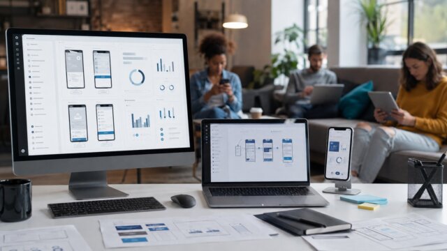 Painéis de desempenho em vários dispositivos com usuários ao fundo