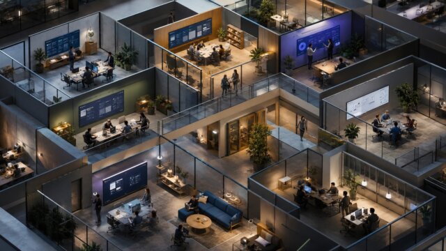 Equipes trabalhando em módulos separados de uma grande interface digital