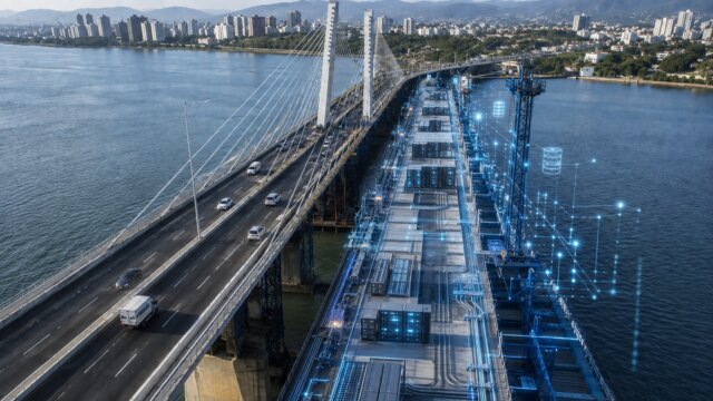 Ponte em operação ao lado de uma estrutura digital em expansão