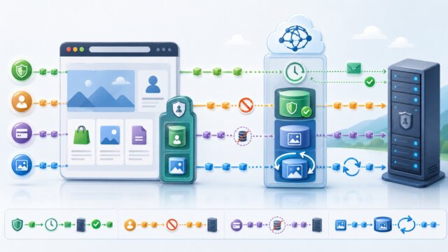 Fluxos de cache entre um navegador, uma camada intermediária e um servidor para diferentes tipos de conteúdo