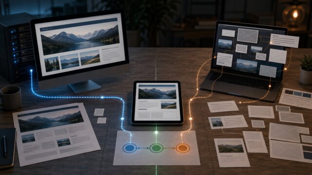 Computadores e tablet representando diferentes fluxos de renderização web