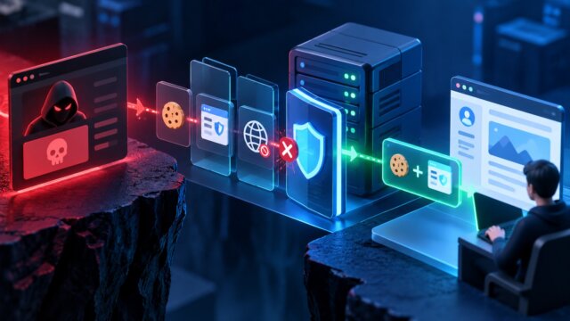 Fluxo entre uma página maliciosa, cookies, um escudo de proteção, servidor e aplicação web
