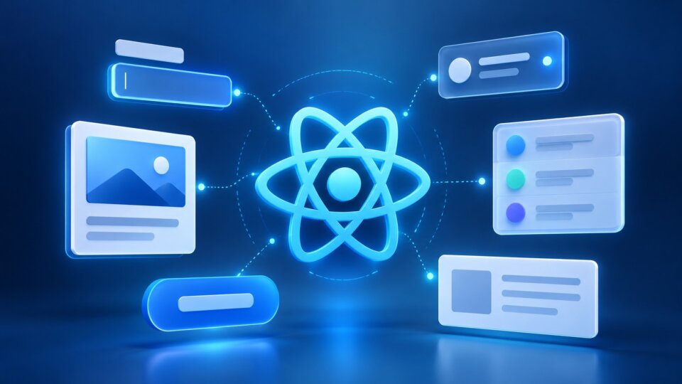 Símbolo do React iluminado, cercado por cartões de interface em fundo azul