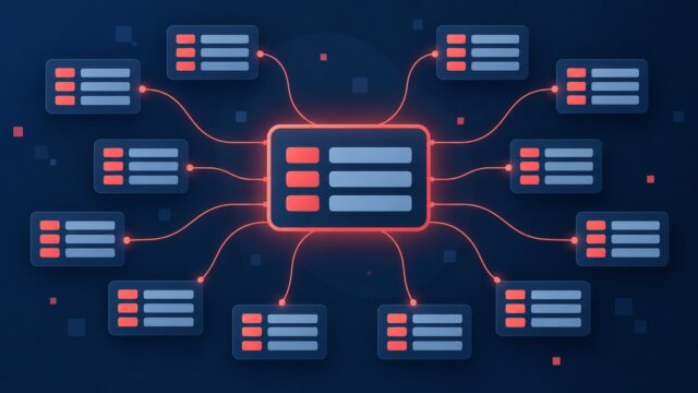 Bloco central de dados conectado a vários registros menores sobre fundo azul