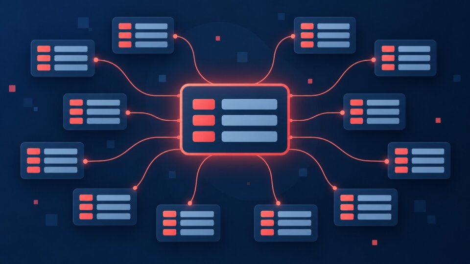 Bloco central de dados conectado a vários registros menores sobre fundo azul