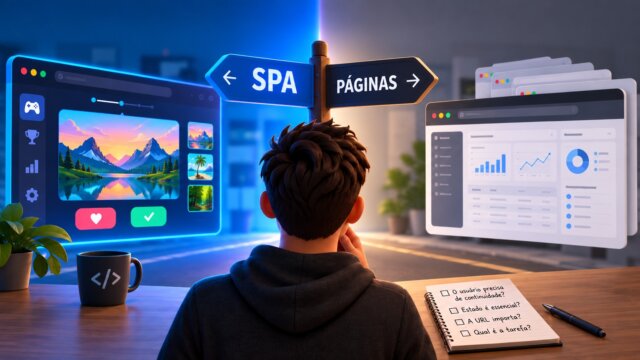 Desenvolvedor diante de uma escolha entre SPA e páginas tradicionais, com uma interface gamificada e uma dashboard