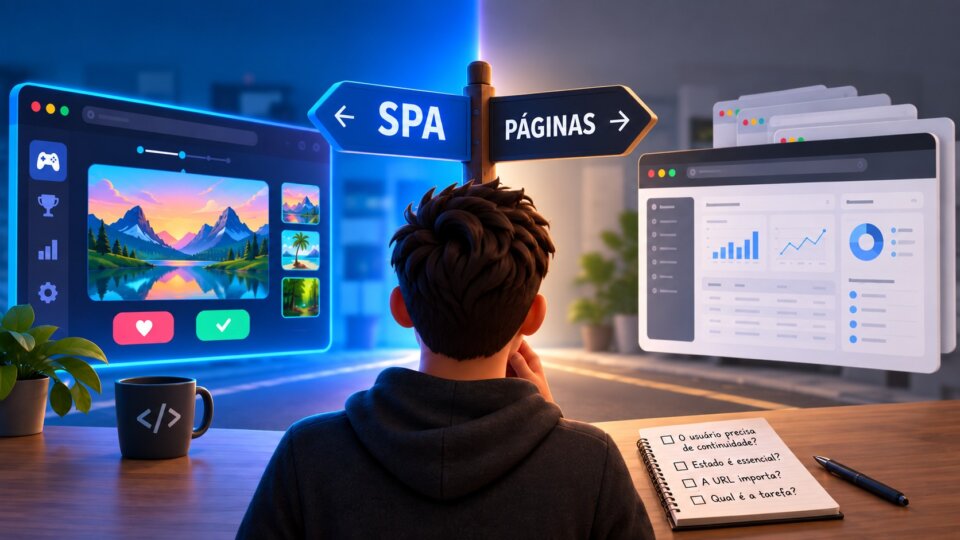 Desenvolvedor diante de uma escolha entre SPA e páginas tradicionais, com uma interface gamificada e uma dashboard
