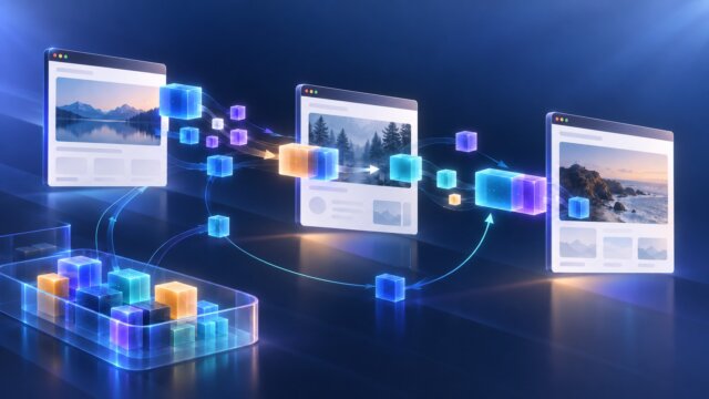 Blocos de JavaScript saindo de um pacote e sendo distribuídos entre páginas de uma aplicação web