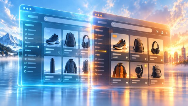 Duas interfaces de catálogo com buscas, filtros e grades de produtos, em tons de azul e laranja.